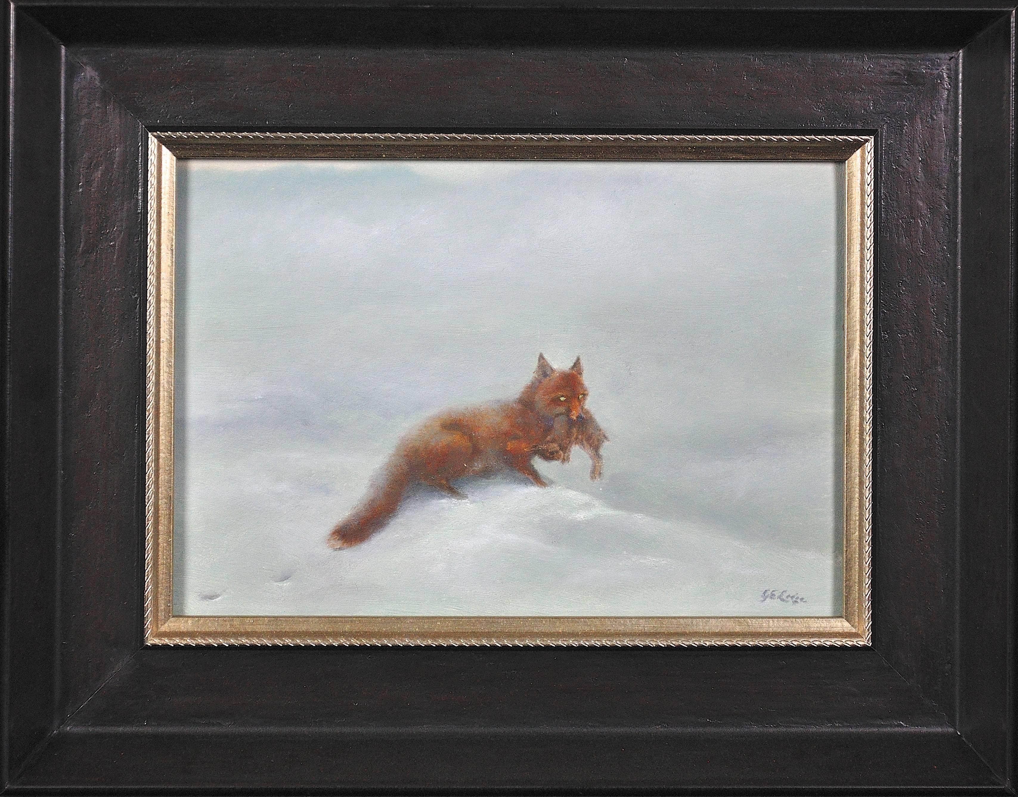 George Lodge Animal Painting - Fox with Leveret amongst snow fields. One of the wildlife greats of all time.