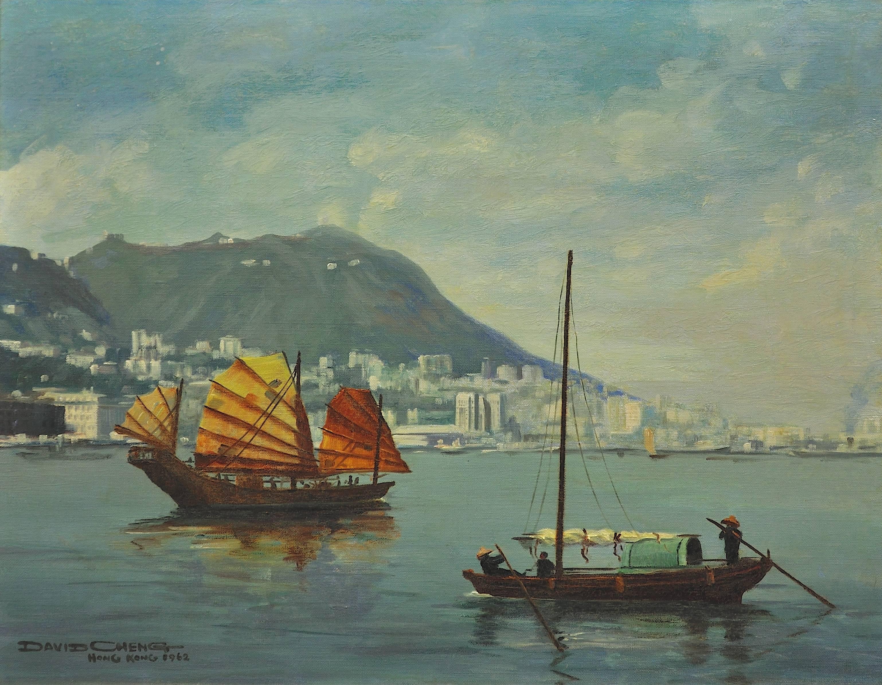 Hong Kong Harbour, Sampan & Junk - Painting by David Cheng