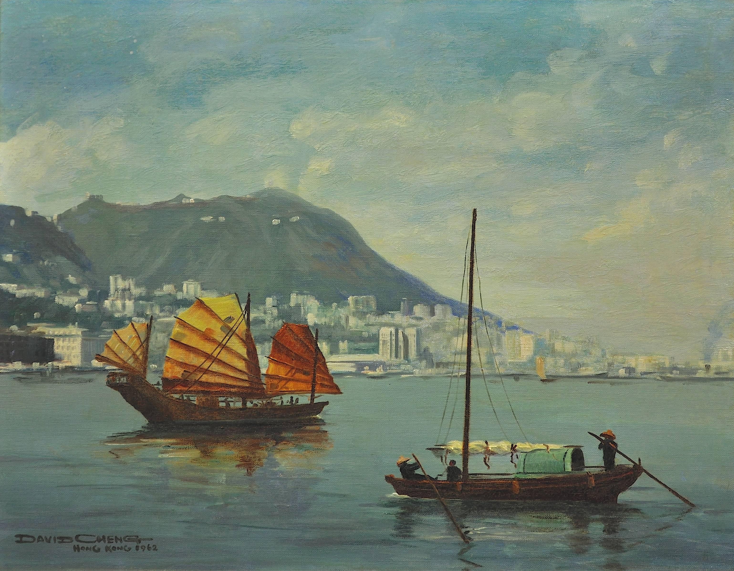 Hong Kong Harbour, Sampan & Junk  - Painting by David Cheng