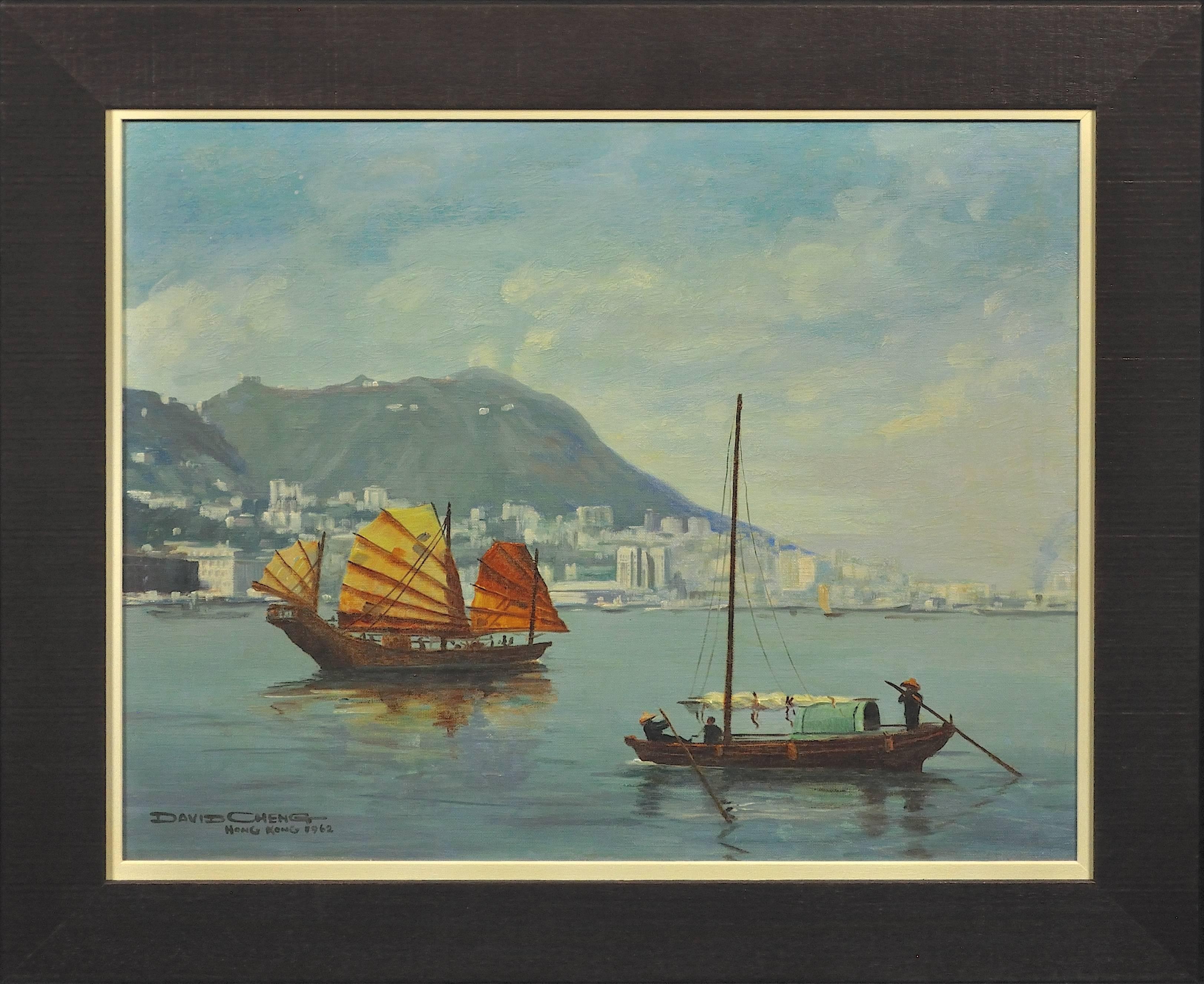 David Cheng Landscape Painting - Hong Kong Harbour, Sampan & Junk 