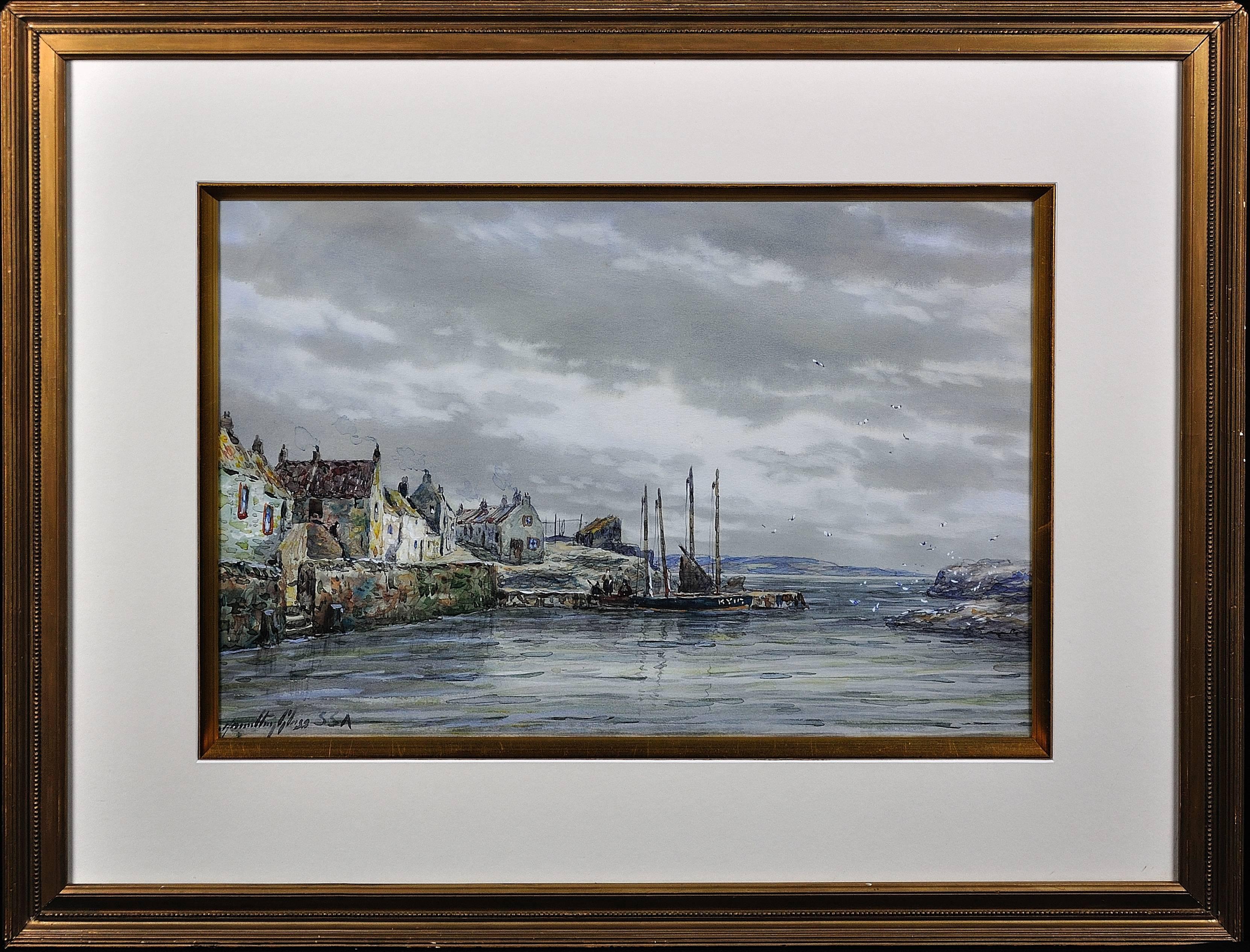 John Hamilton Glass Landscape Art - Kirkcaldy fishing boat in harbour