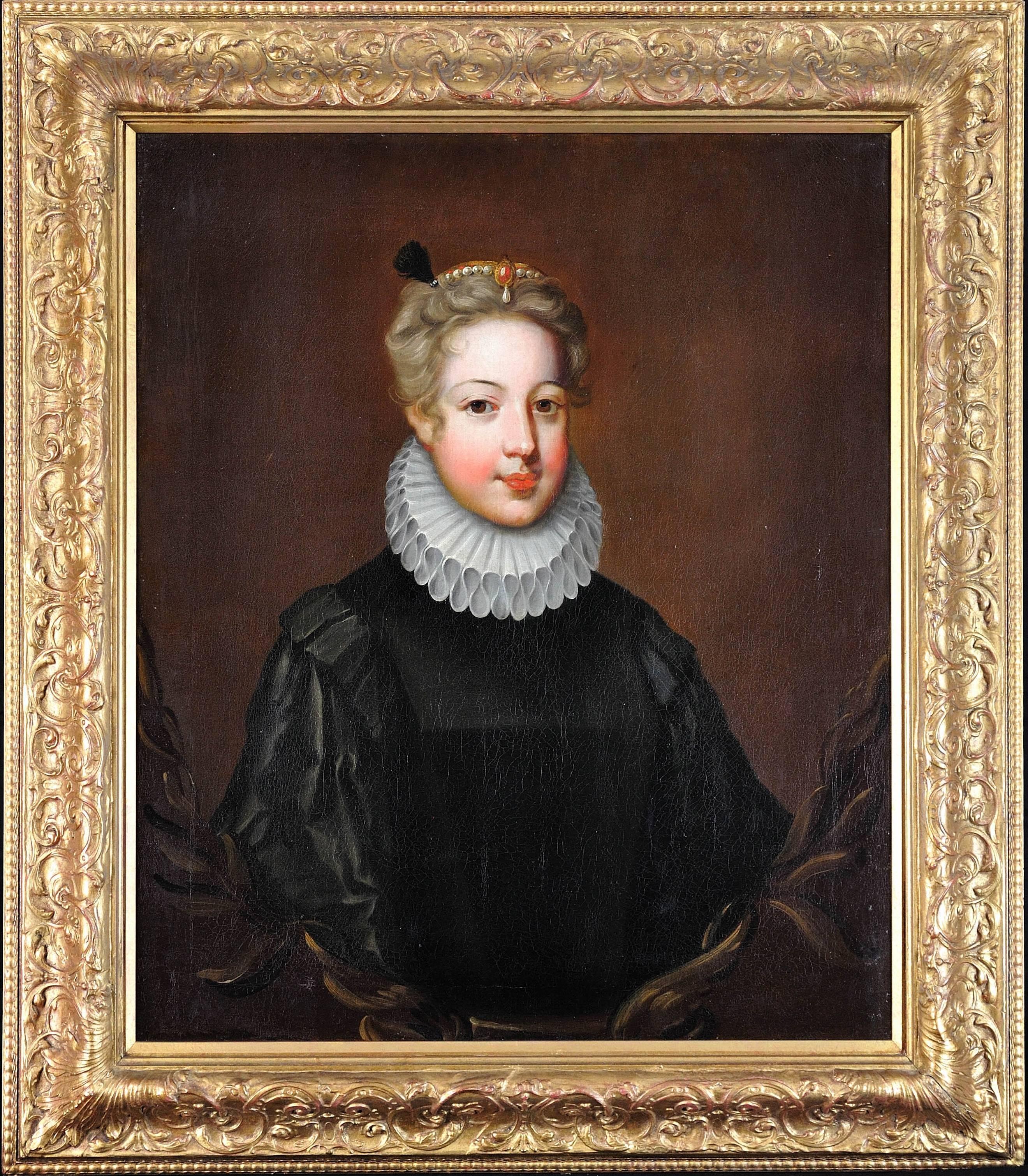 (After) Frans Pourbus the Younger Portrait Painting - Half portrait of a young noble lady in black satin doublet, white ruff and pearls