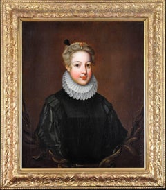 Half portrait of a young noble lady in black satin doublet,white ruff and pearls