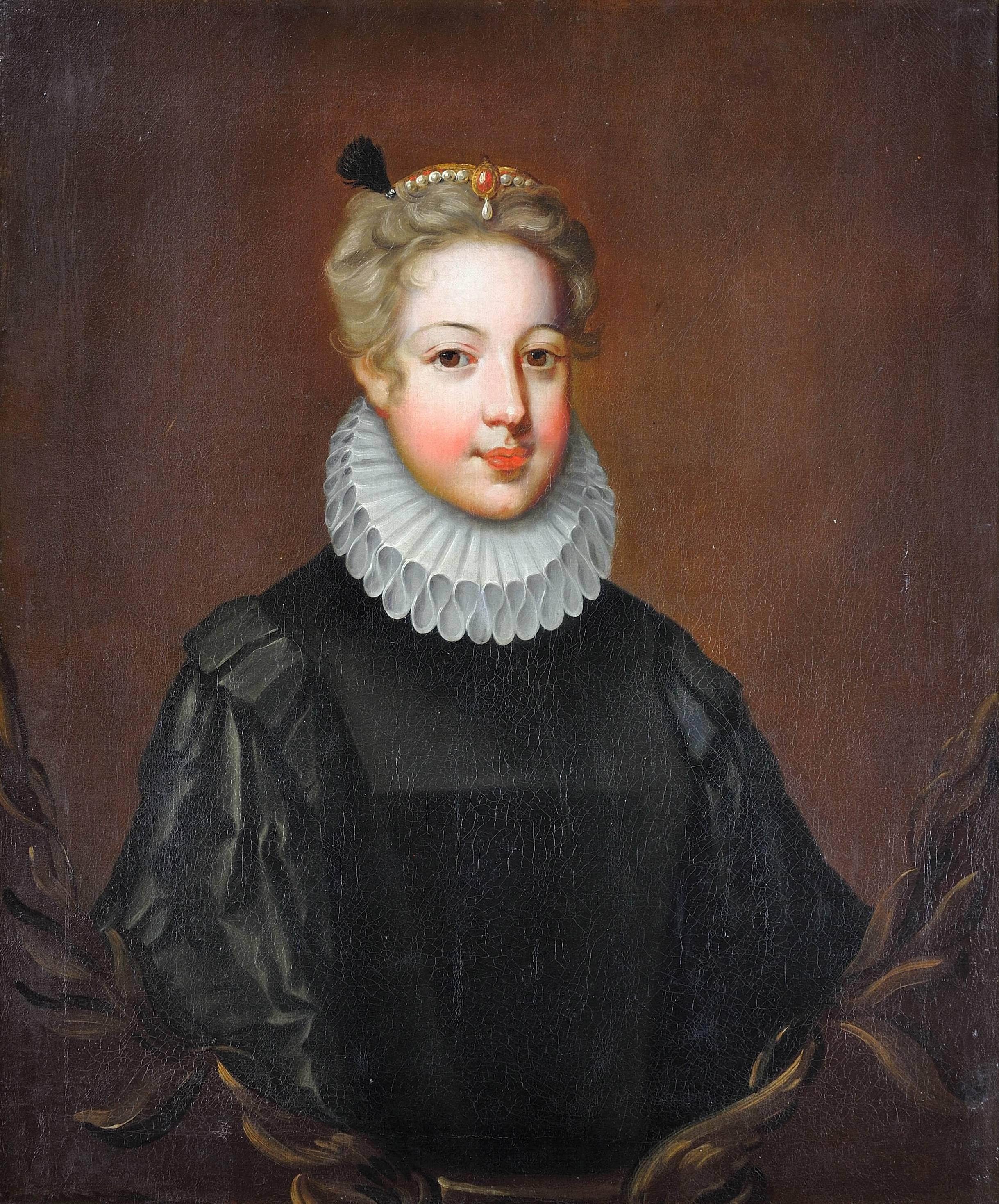 Half portrait of a young noble lady in black satin doublet, white ruff and pearls - Painting by (After) Frans Pourbus the Younger