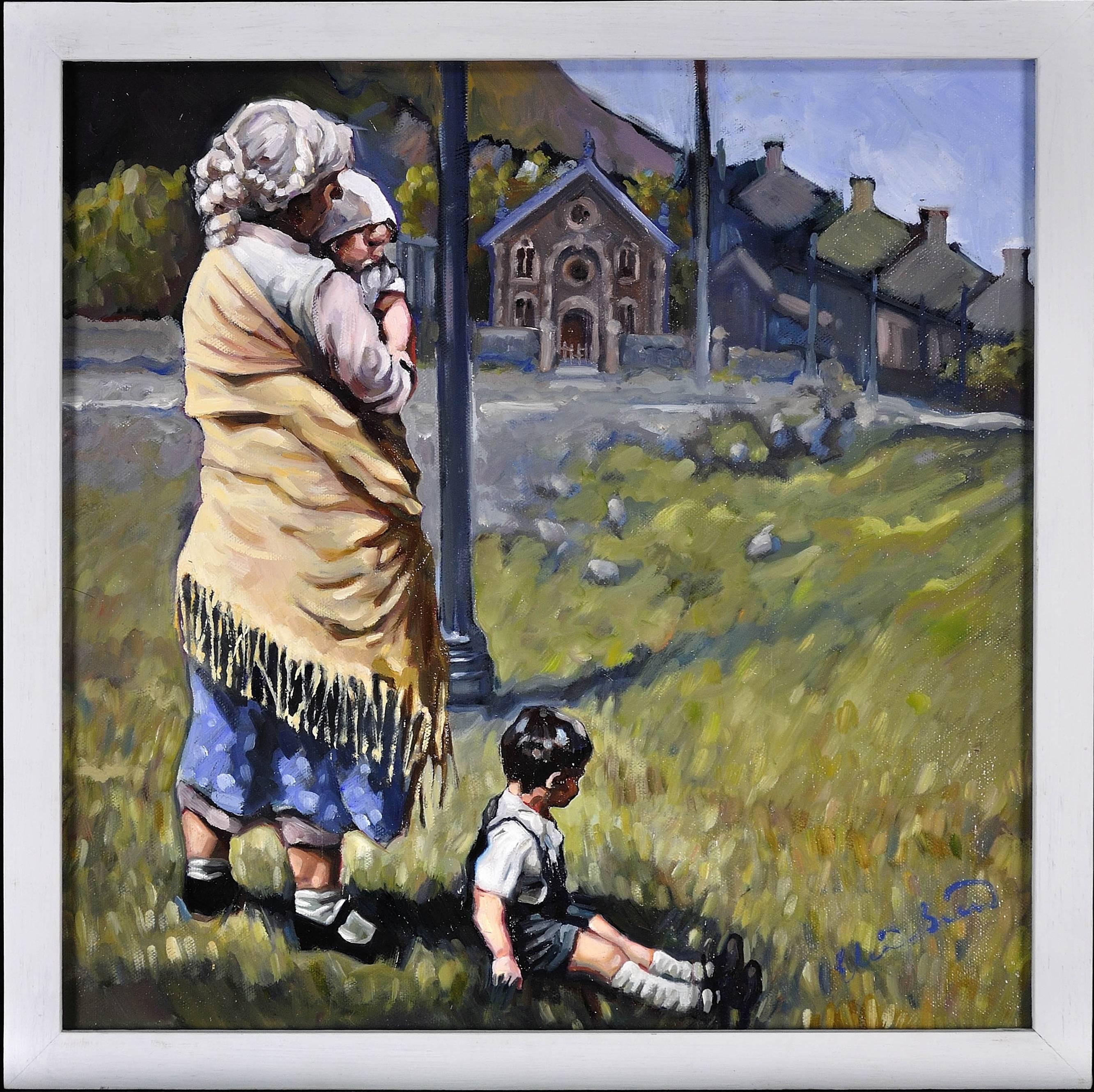 Waiting for dad (Disgwyl dad). Welsh working life, the everyday life. - Painting by Elin Sian Blake
