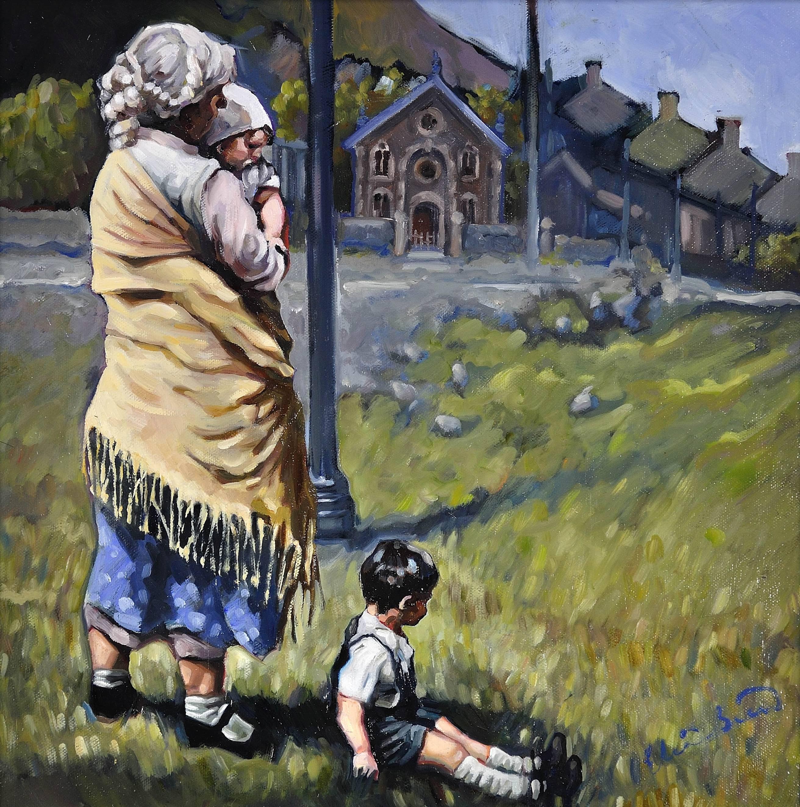 Elin Sian Blake Figurative Painting - Waiting for dad (Disgwyl dad). Welsh working life, the everyday life.