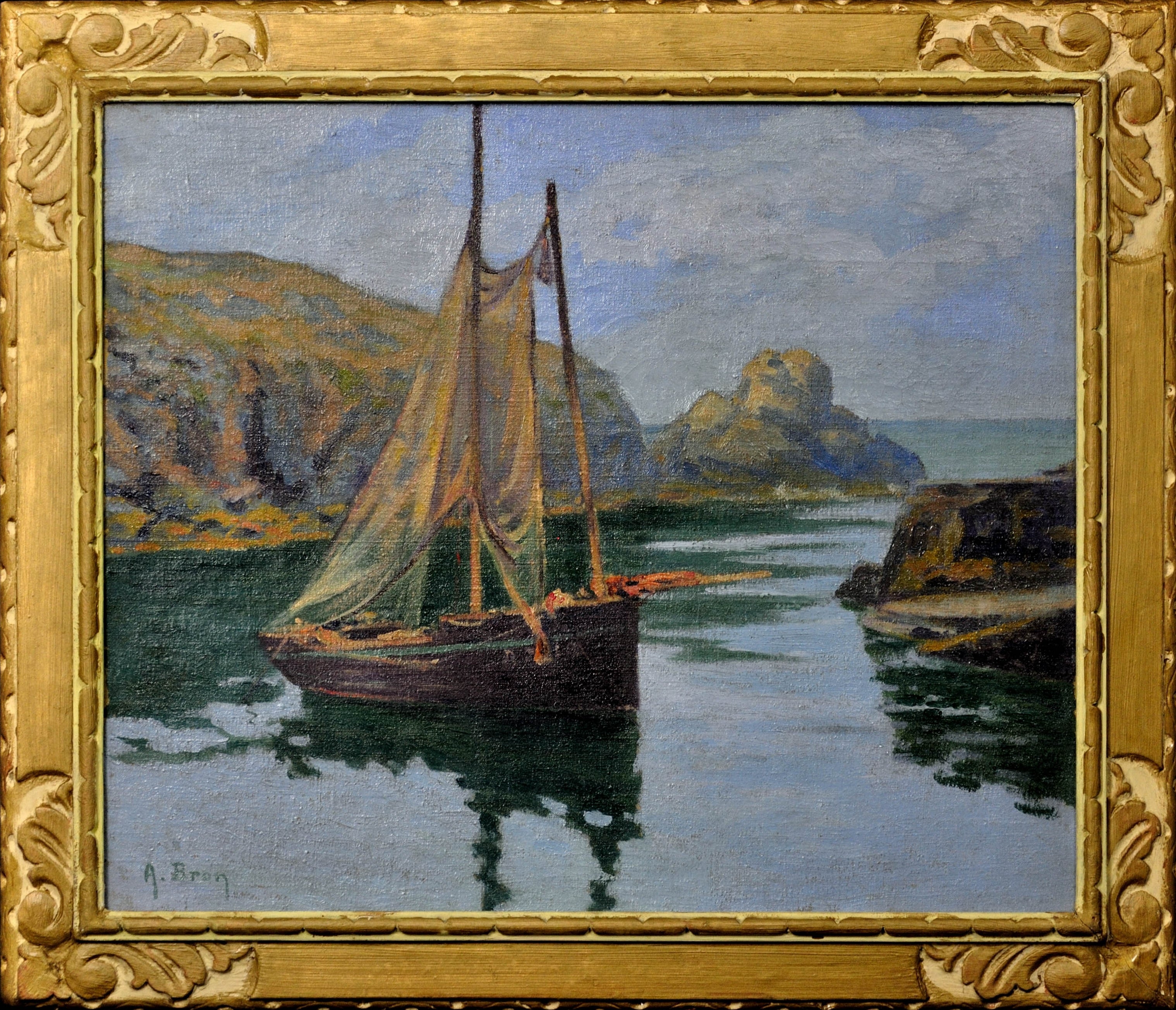 La Côte Sauvage A Small Boat In A Cove Framed French Oil Painting Circa 1920