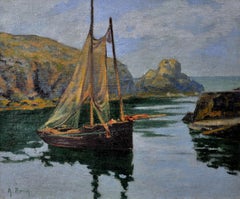 La Côte Sauvage A Small Boat In A Cove Framed French Oil Painting Circa 1920