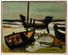 French Modernist Oil Painting Stranded Boats On The Beach By An Important Artist
