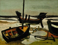 French Modernist Oil Painting Stranded Boats On The Beach By An Important Artist