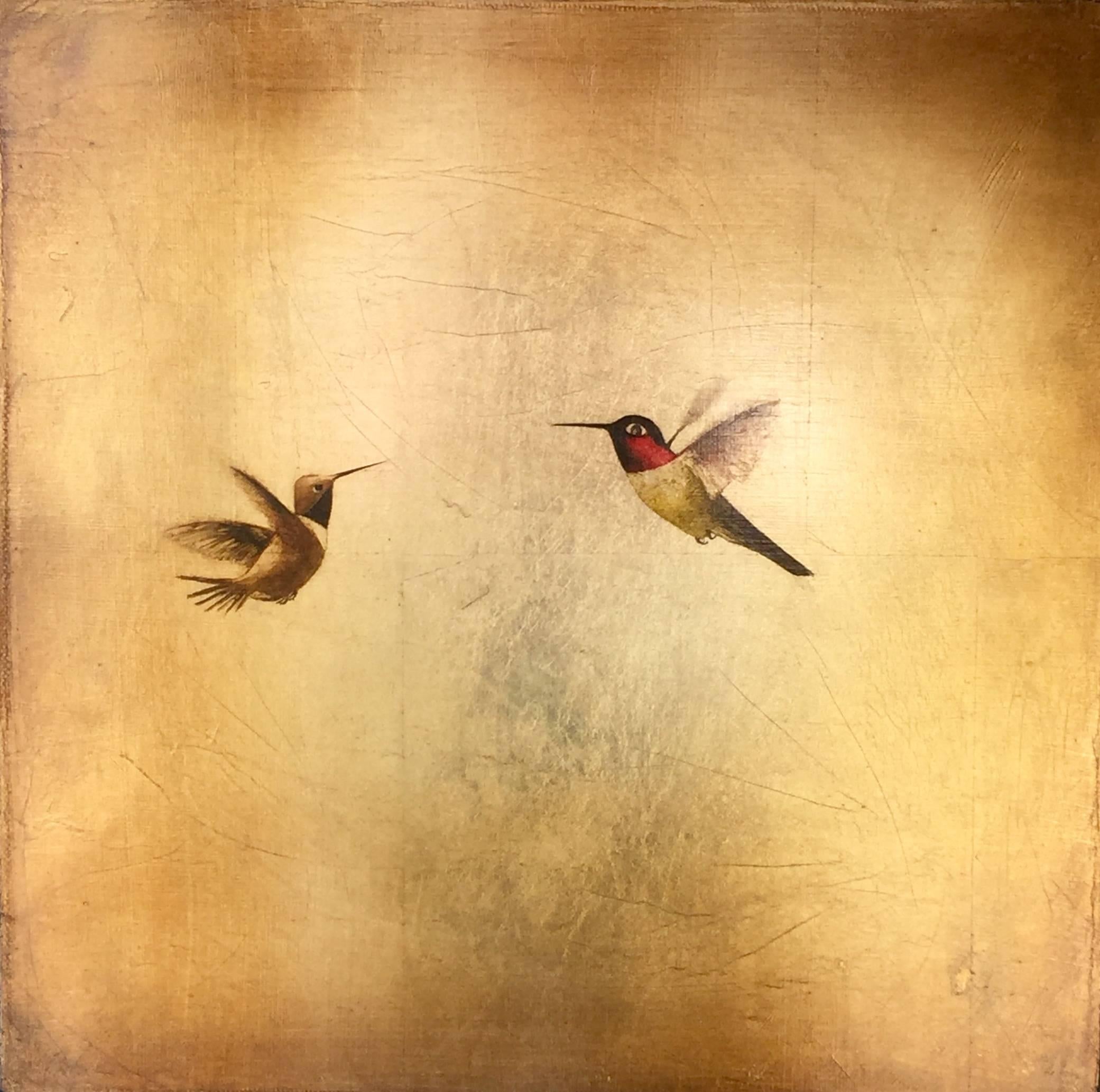 Carolyn Reynolds Landscape Painting - Hummingbirds in Golden Sky