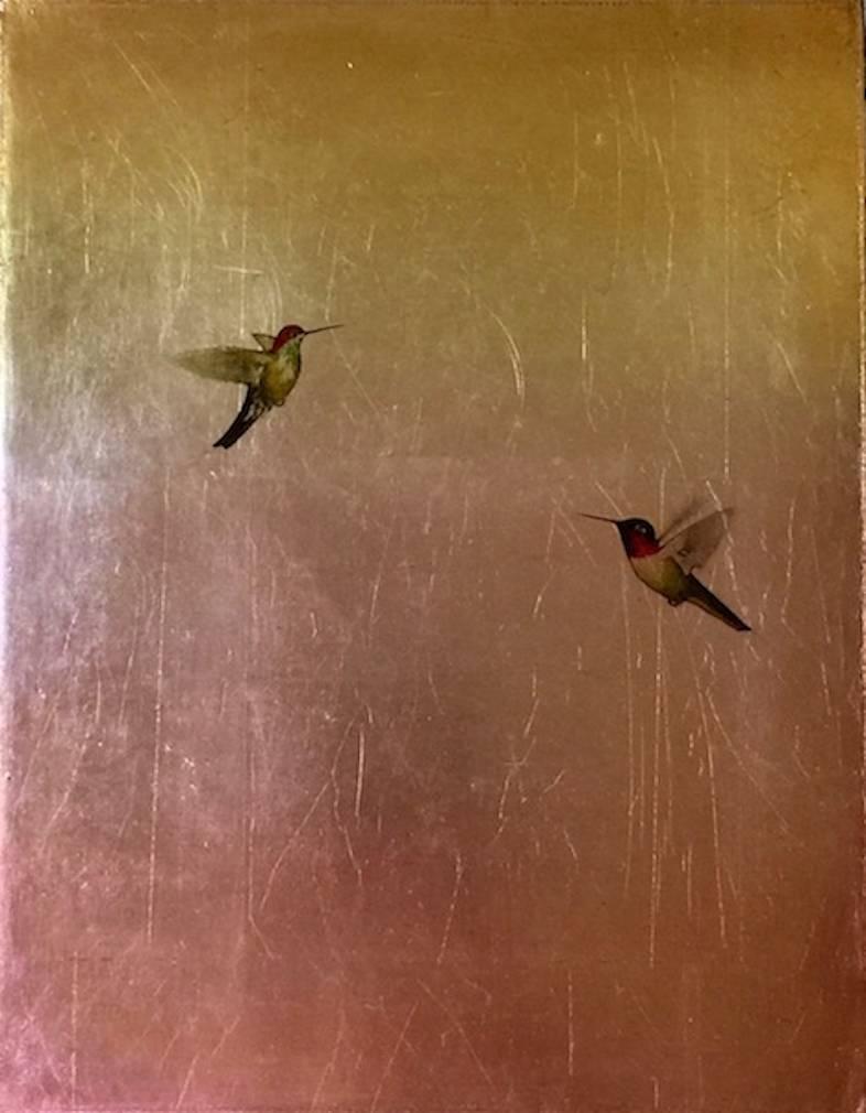 Carolyn Reynolds Animal Painting - Hummingbirds in Gold & Red