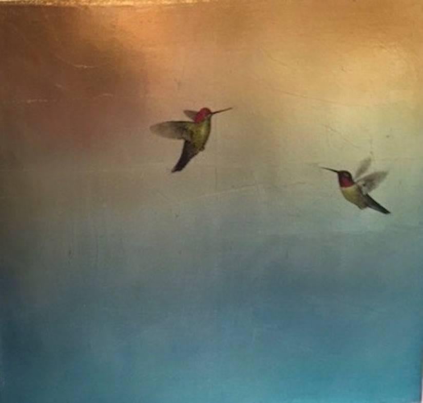 Carolyn Reynolds Animal Painting - Hummingbirds in Gold & Blue