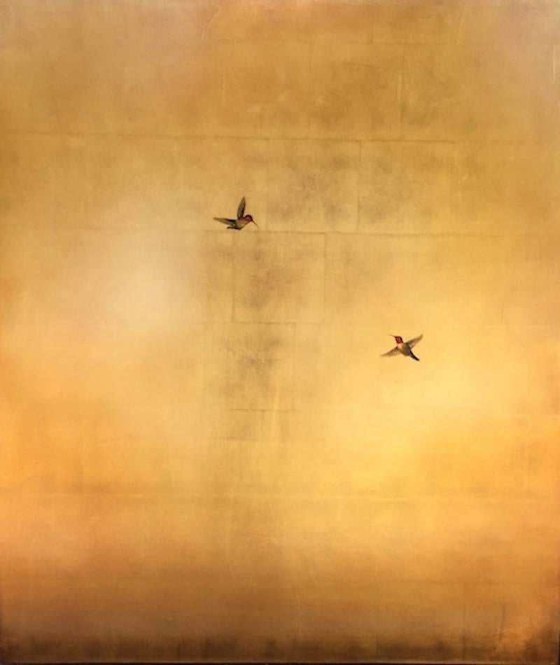Carolyn Reynolds Animal Painting - Two Hummers in Gold Sky