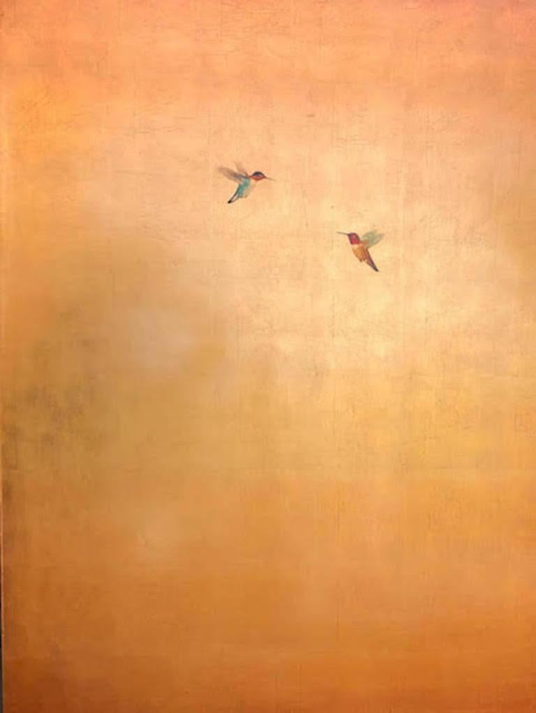 Carolyn Reynolds Animal Painting - Hummers in Rose Gold 