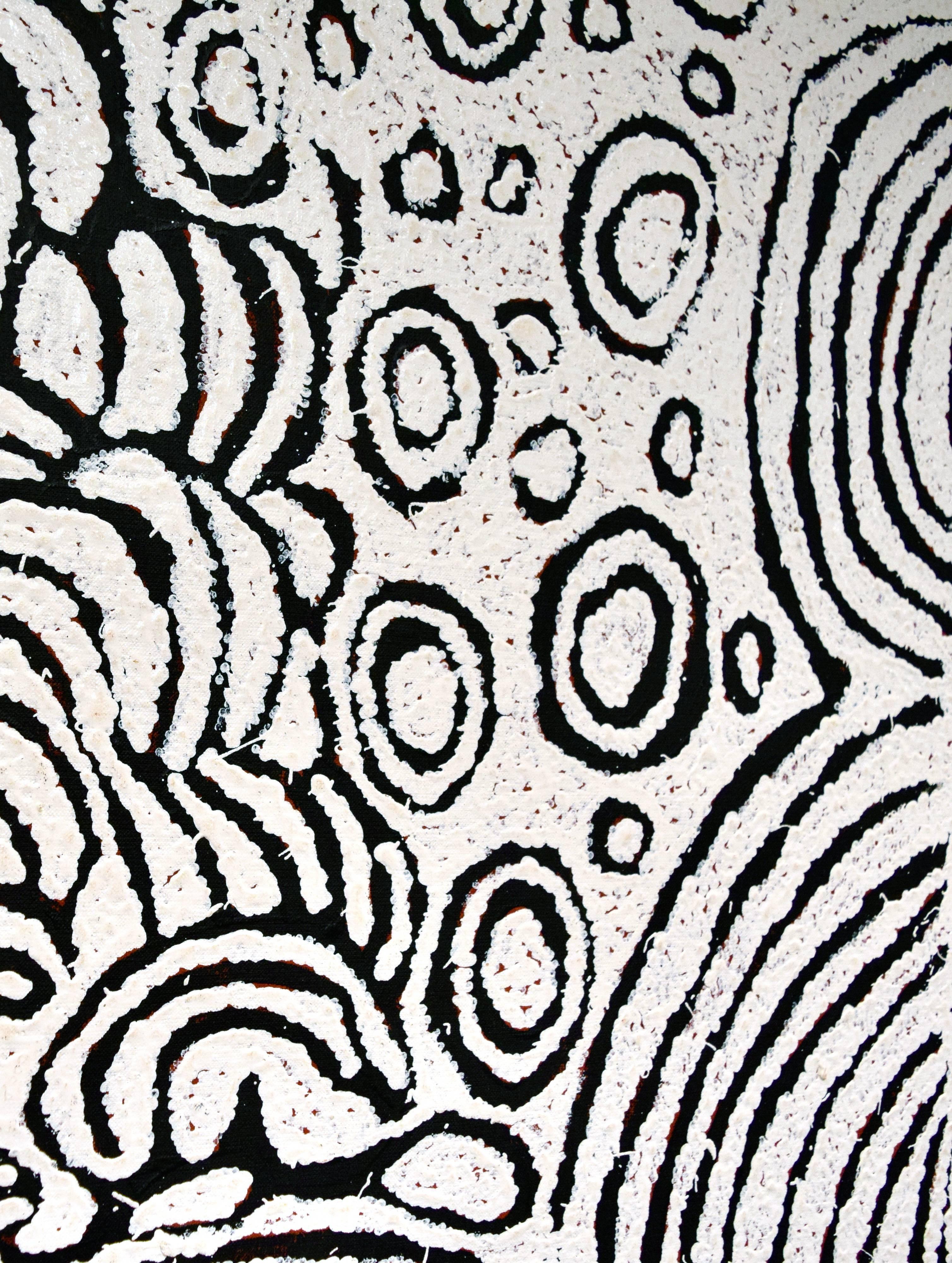This painting depicts designs associated with the travels of a group of women to the rockhole site of Yumarra, near Tjukula in Western Australia. A group of women, represented by the U shapes, applied body paint and performed ceremonies associated