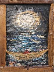 Paper Boats. Contemporary figurative/landscape painting, collage with wood, 2015