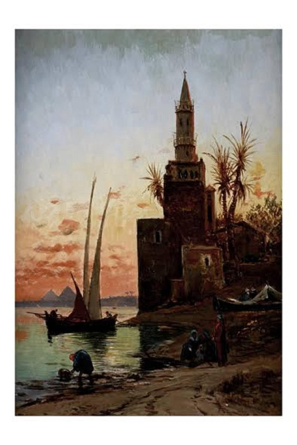 Hermann Corrodi Landscape Painting - The Nile. Oriental Landscape at sunset, Oil Painting, second half XIX