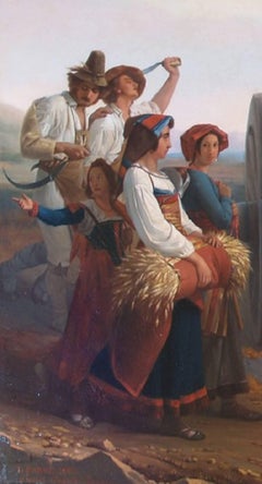 The arrival of the reapers in the Pontine marshes. 1860 Oil Painting