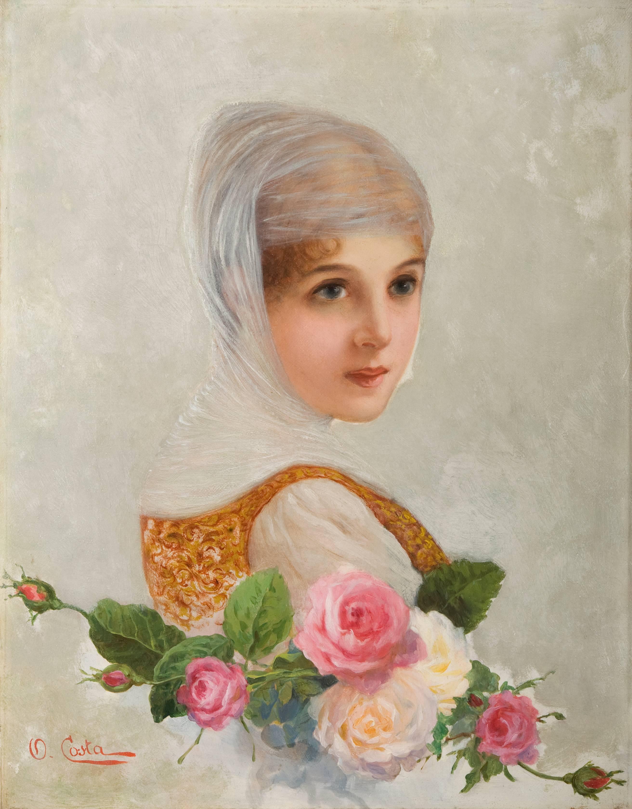 Oreste Costa Portrait Painting - The bride. A lady in wedding dress with roses, Italian School, second half XIX