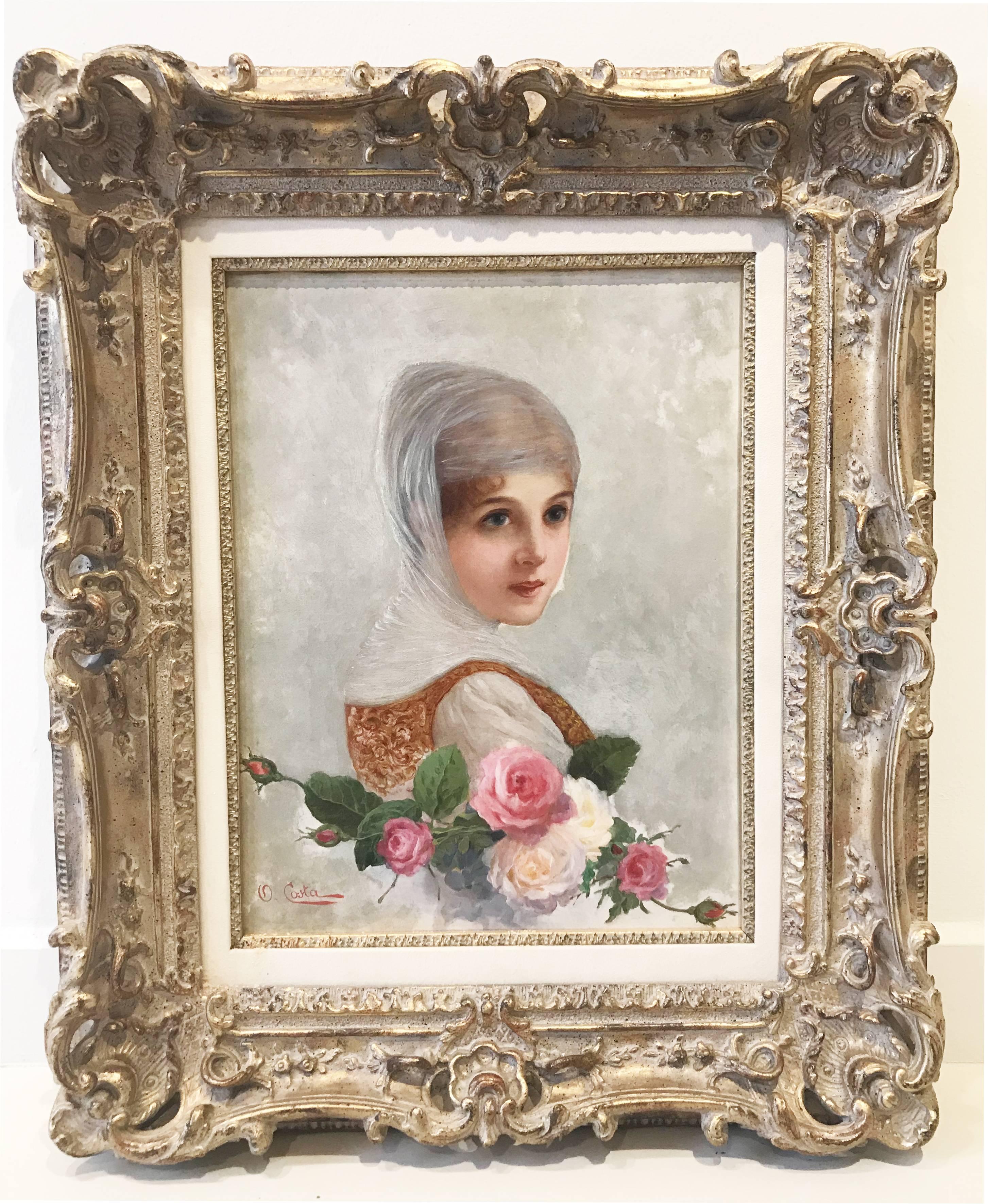 The bride. A lady in wedding dress with roses, Italian School, second half XIX - Painting by Oreste Costa