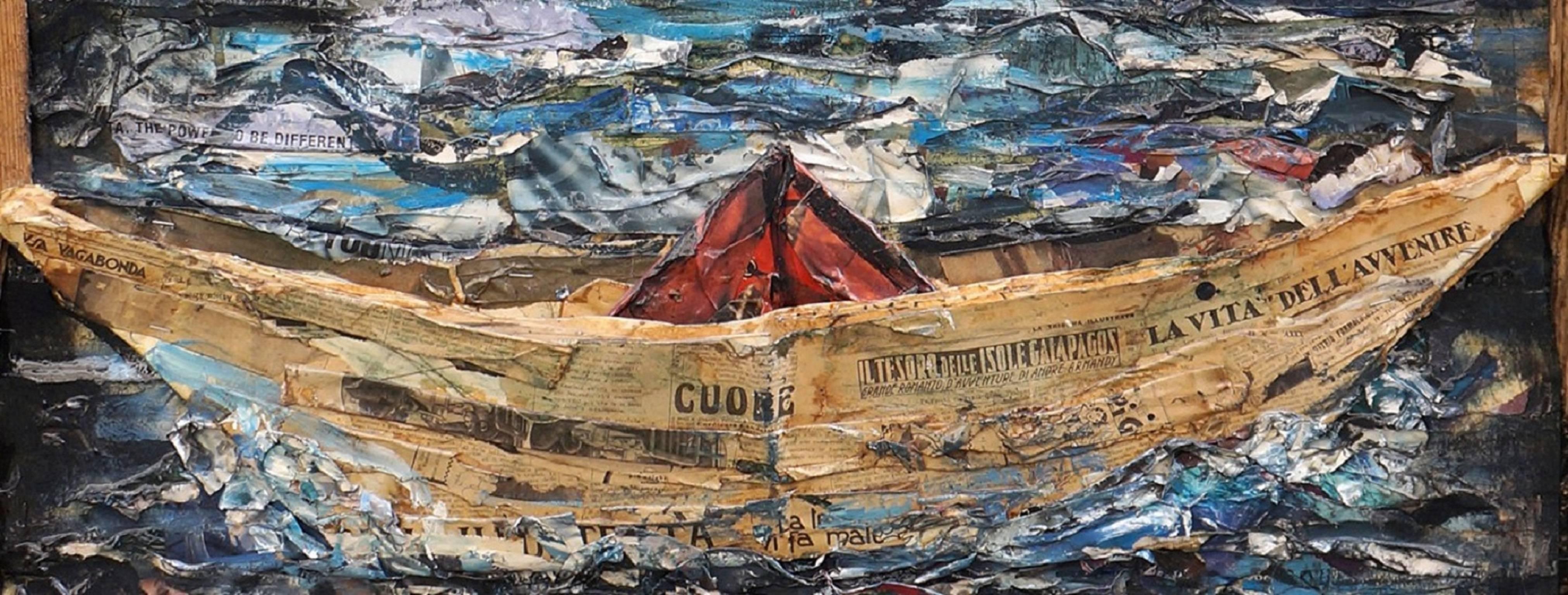 Paper Boats. Contemporary figurative/landscape painting, collage with wood, 2015 - Painting by Paolo Franzoso