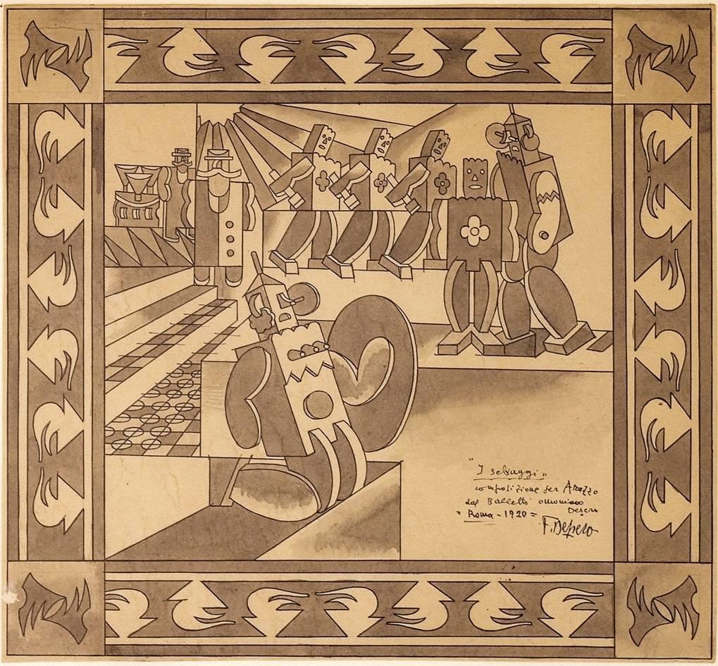 (executive project for tapestry)
ink and ink dilute on paper
cm 30,3 x 32,3
signed and dated bottom right, with the note “the savages-executive project for tapestry from the same name ballet”.
Exhibit and Bibliography: MILANO 1921: n° 114 b;