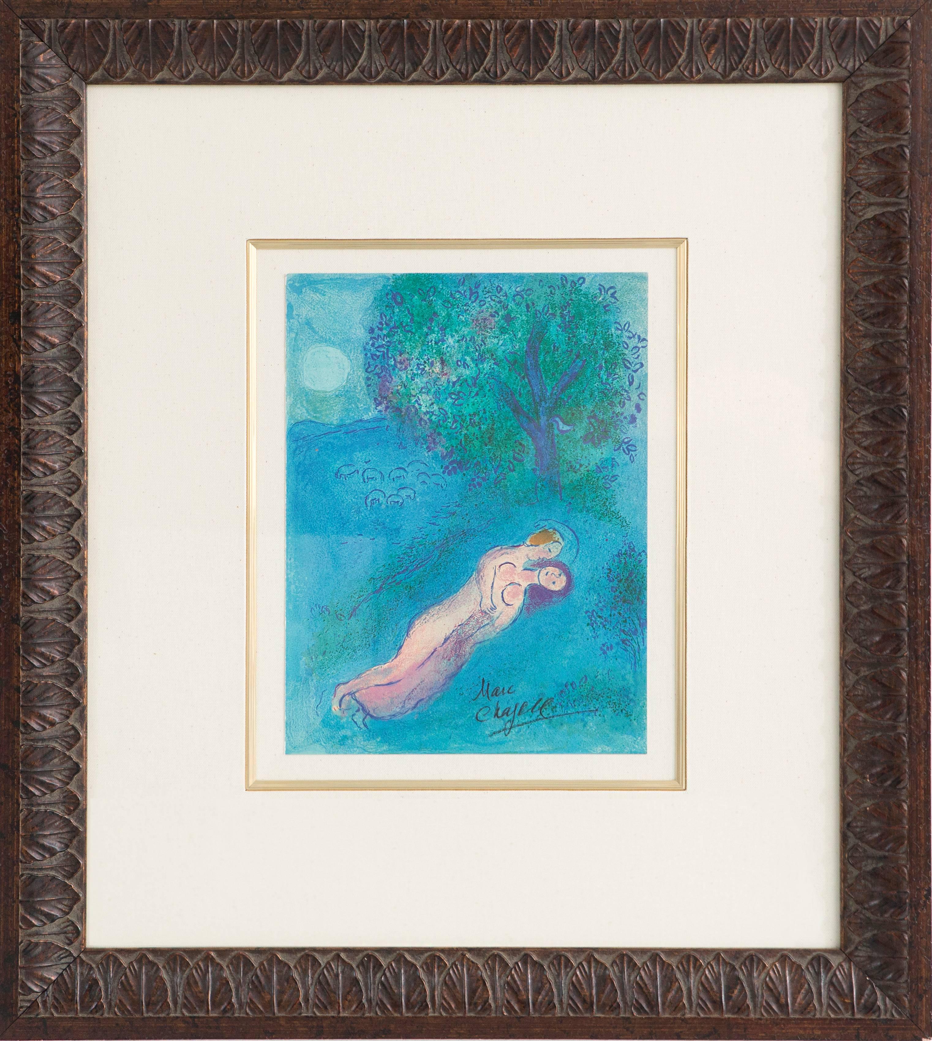 Original lithographic book illustration by Marc Chagall for the Greek fable "Daphnis and Chloé".

Marked by a vivid Mediterranean blue, this illustration is a poignant, soulful scene conveying the innocence and ardor of first love. Chagall's