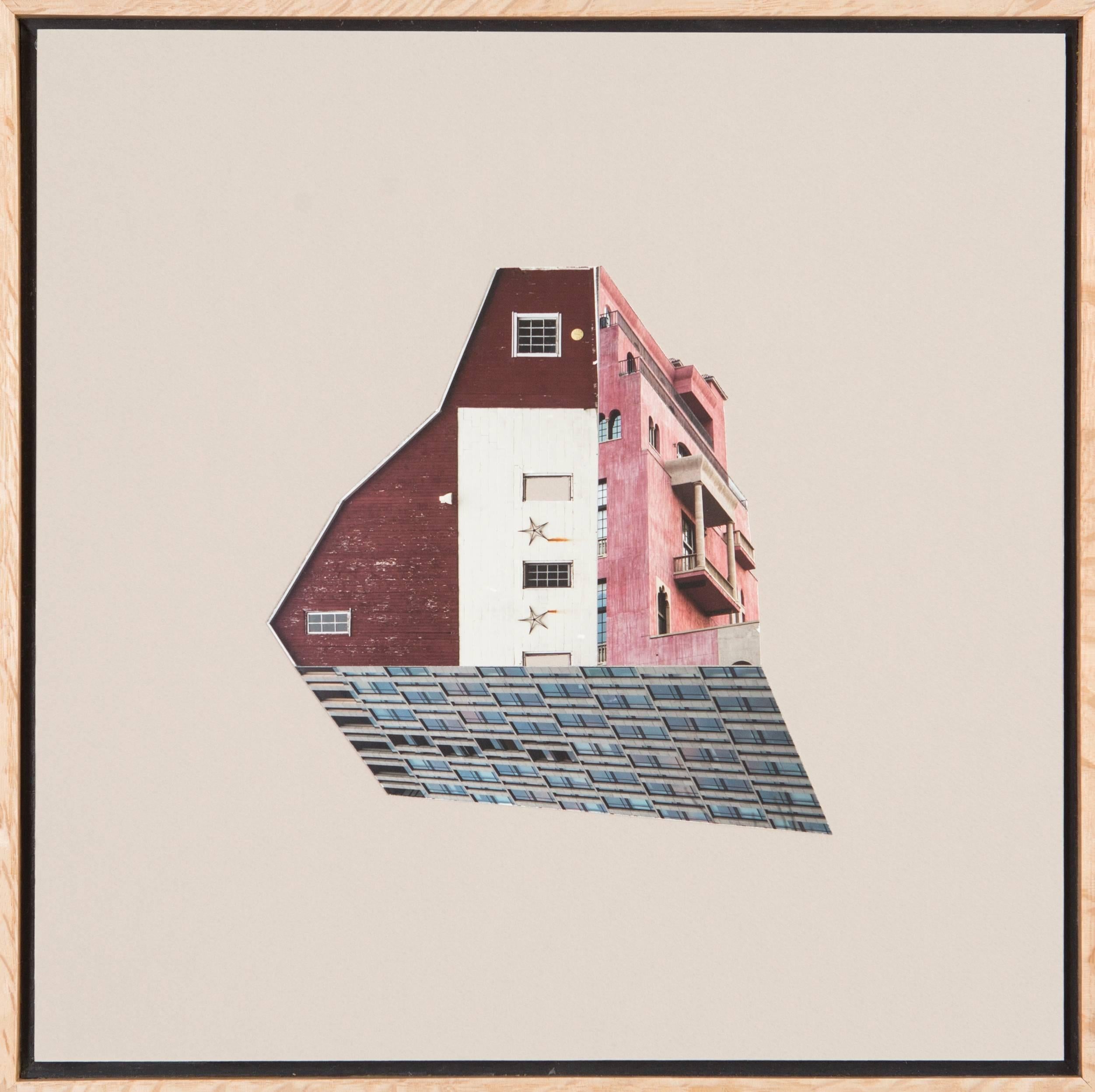 "Migrants 46" is a mixed media piece by Krista Svalbonas; it is part of Svalbonas' "Migrants" series. It is a photographic pigment print and collage on board. It is framed. Three seperate buildings of different styles and