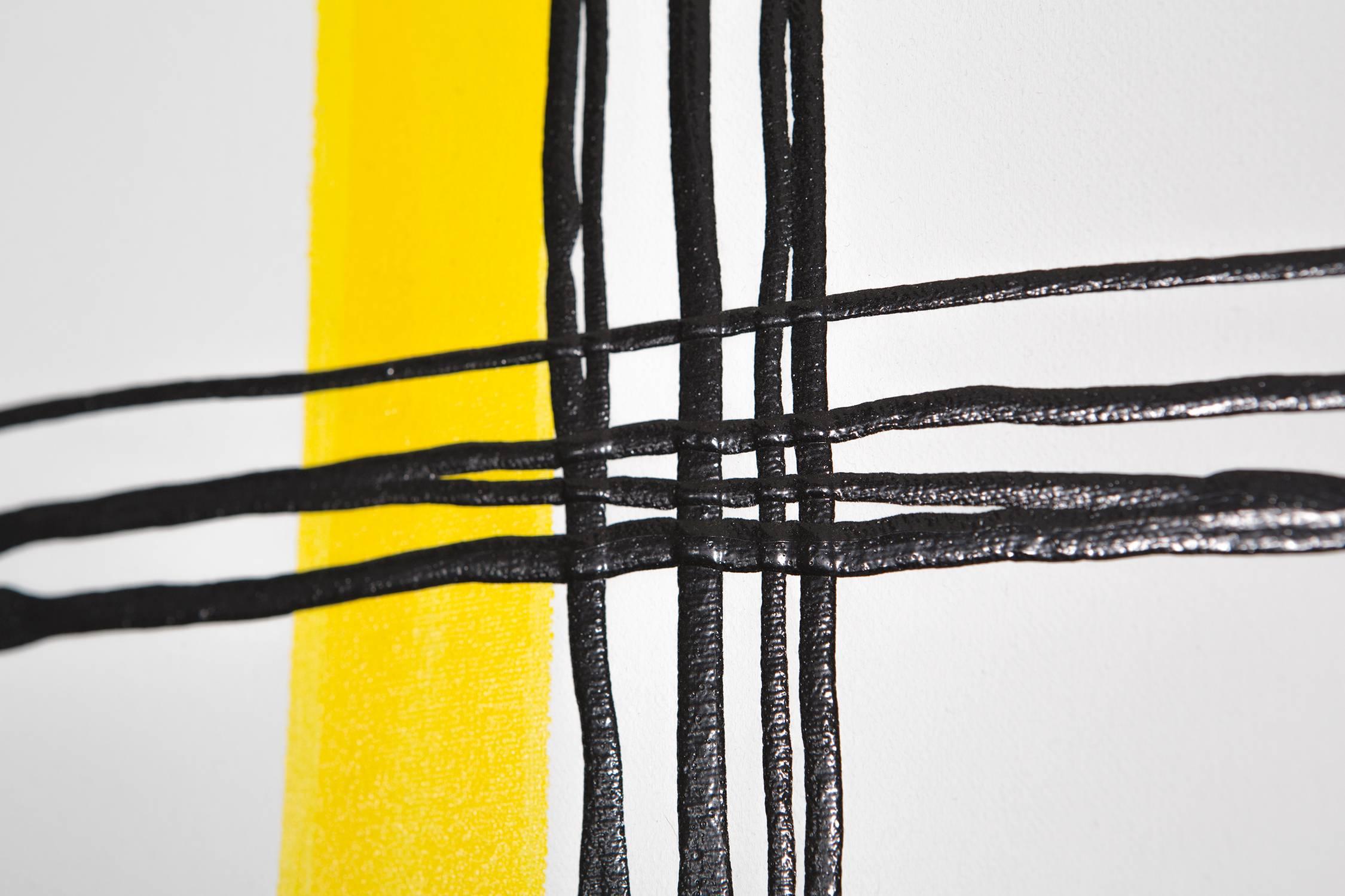 “Yellow Jacket” is a 2009 acrylic painting by Natasha Kohli. Kohli creates a grid of jagged black lines bringing static motion and variation to the canvas. A single stroke of a striking yellow gives this piece a feeling of liveliness.

Natasha