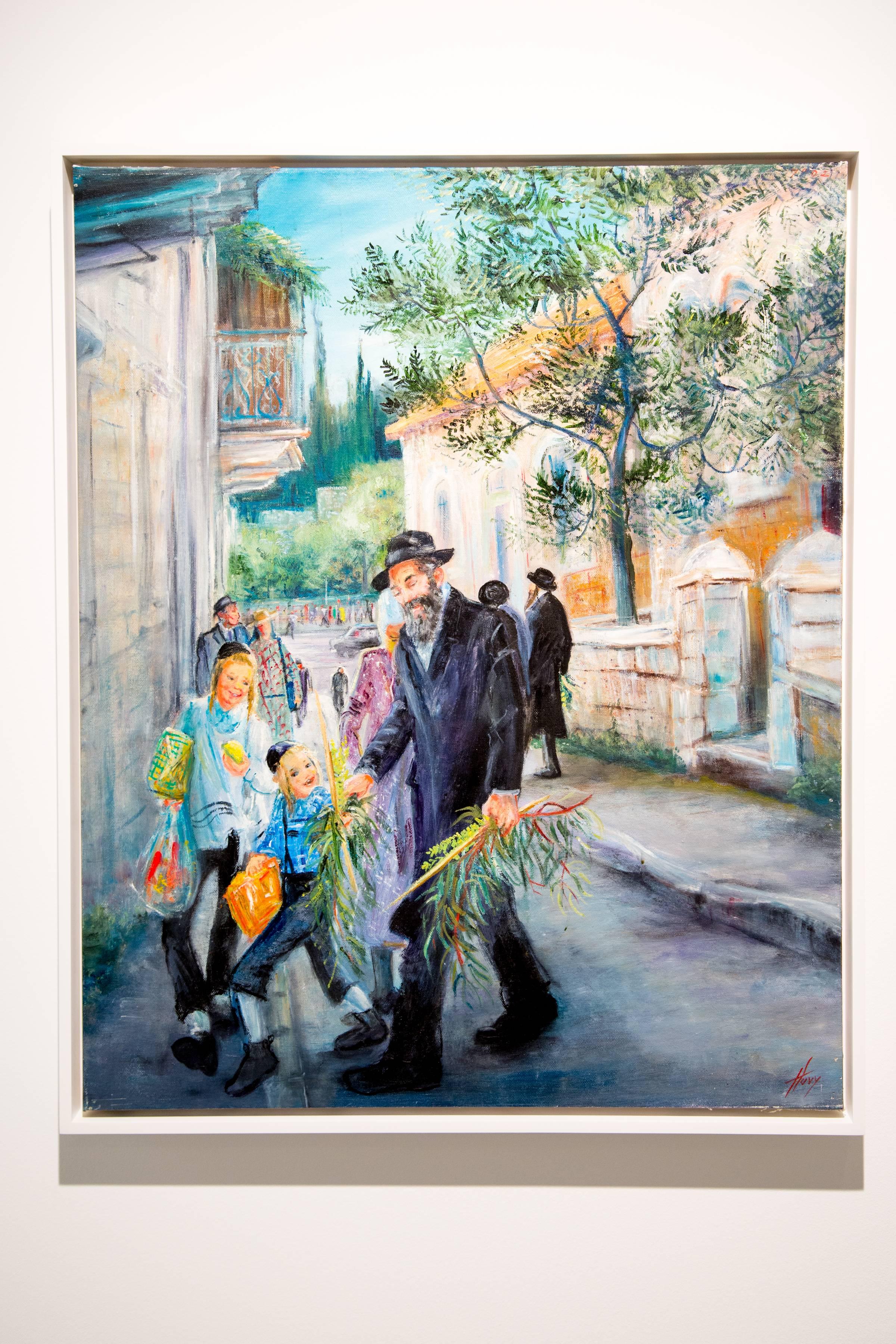 Huvy Elisha Portrait Painting - Sukkot on the street of Jerusalem