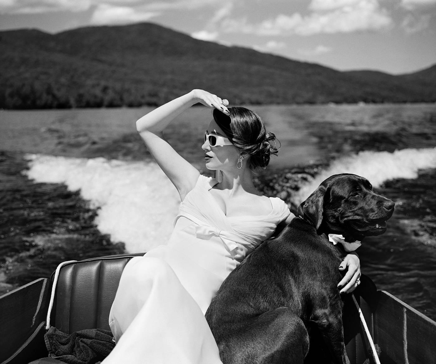Rodney Smith Black and White Photograph - Marina and Dog in Boat, Lake Placid, NY