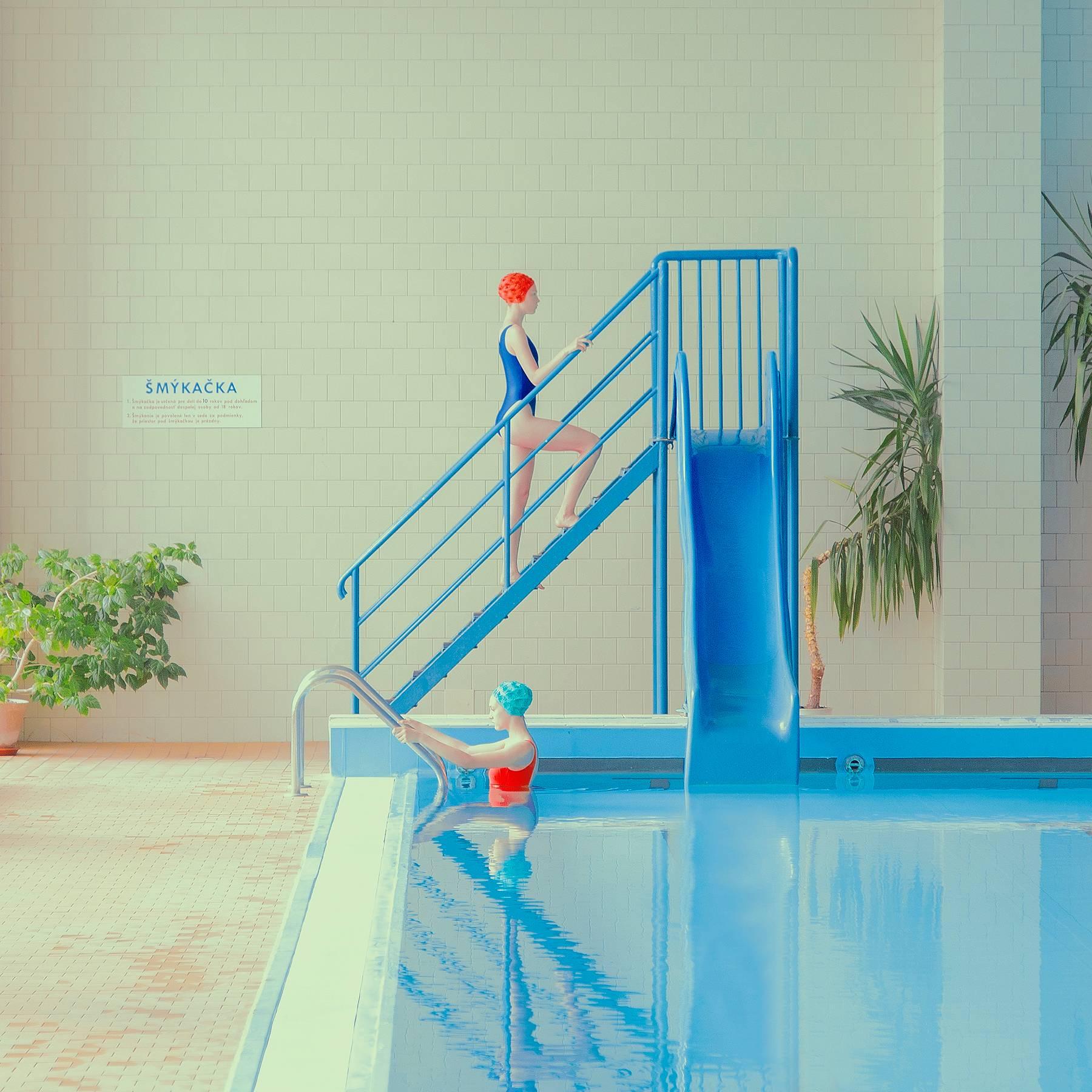 Maria Svarbova Color Photograph - Smykacka (Slide)- 27 x 27 inch muted colors swimming pool photograph