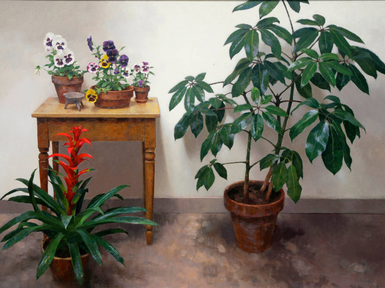 Jim McVicker Still-Life Painting - Still Life with Bromeliad and Pansies