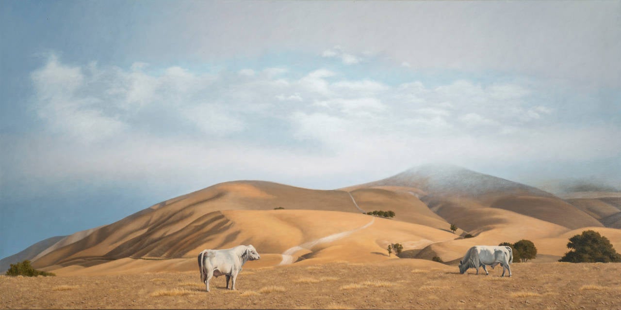Andrea Johnson Landscape Painting - Two White Bulls