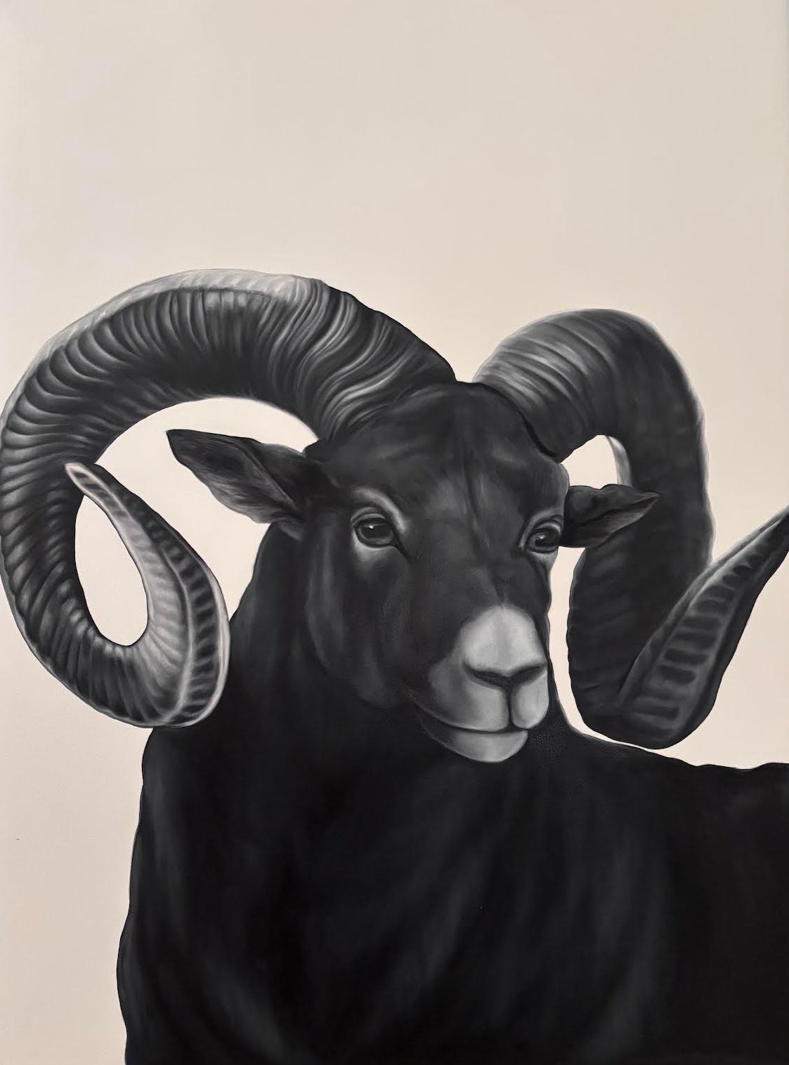 Shelley Reed Animal Painting - Presence (Oil on paper of Ram)