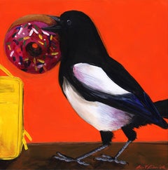 Magpie With A Donut (Small acrylic on panel, 8 x 8 inches)