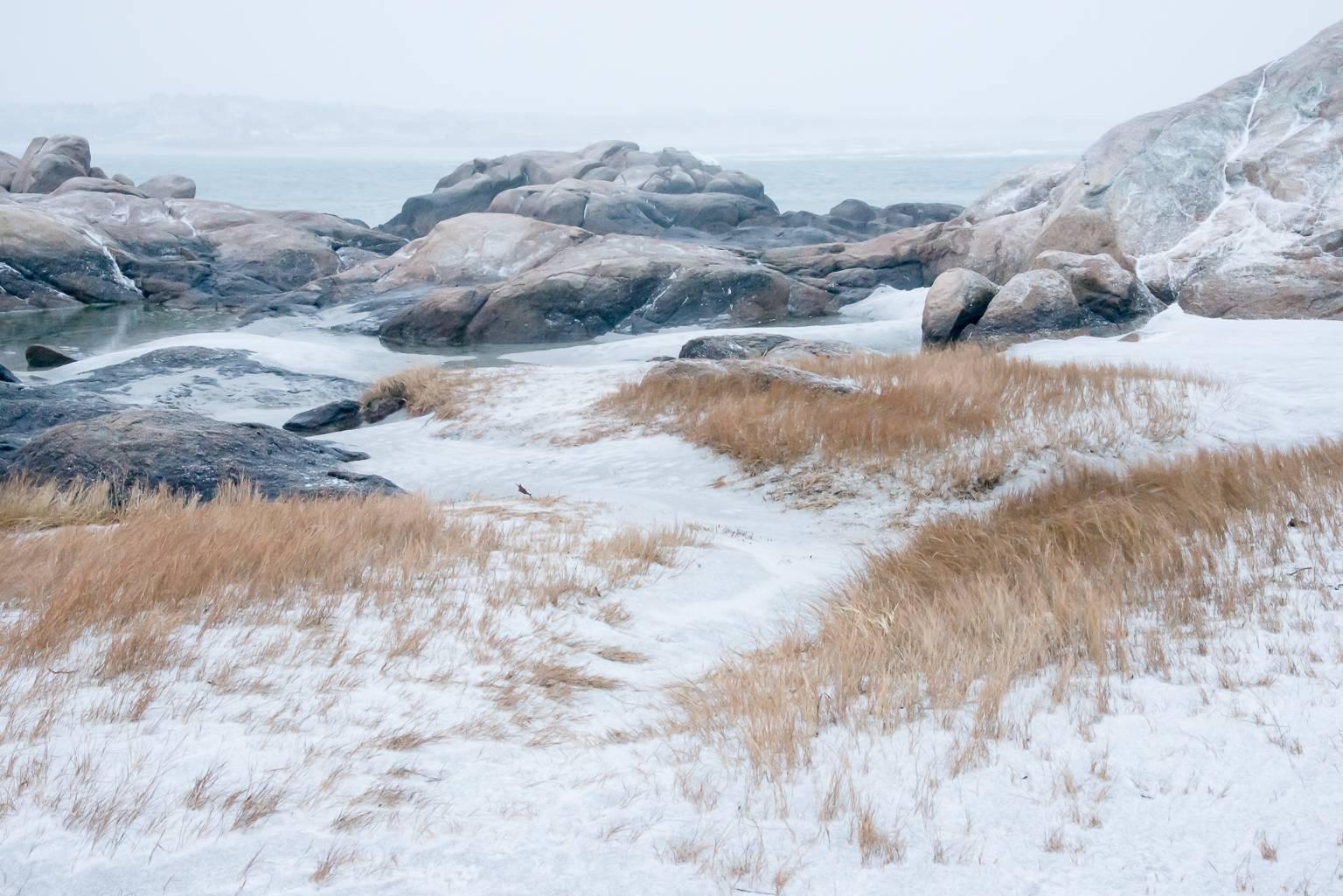 Vicki McKenna Landscape Photograph - "Annisquam Snow", color photograph, seashore, Gloucester, rock, brown, grey