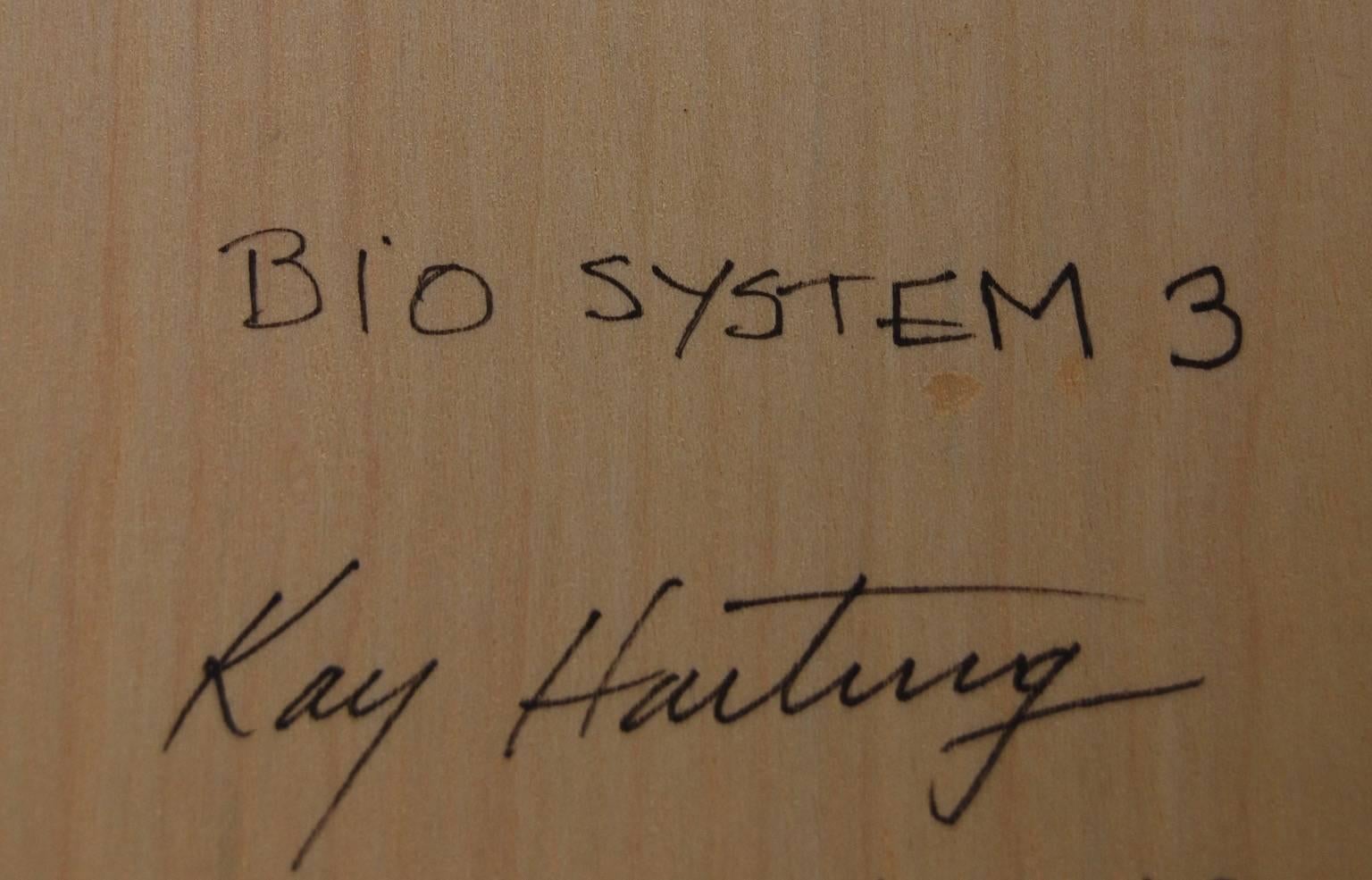 Kay Hartung’s “Bio System 3” builds layer upon layer of microscopic forms in encaustic and pastel. Gold metallic lines intersect the shapes as they travel across the images. In colors of ochres, greens and rusts on a creamy white ground, the