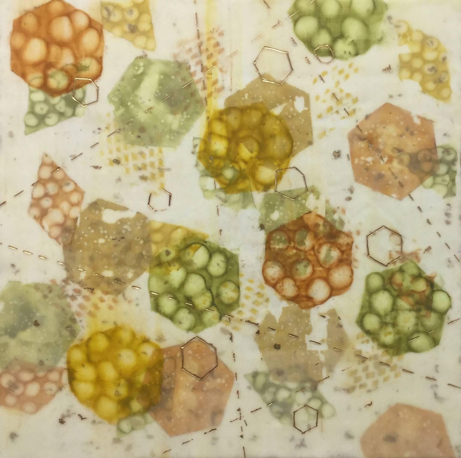"Bio System 3", abstract, encaustic, pastel, microscopic, ochres, gold, greens