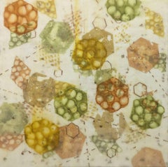 "Bio System 3", abstract, microscopic, ochres, gold, greens, encaustic, pastel