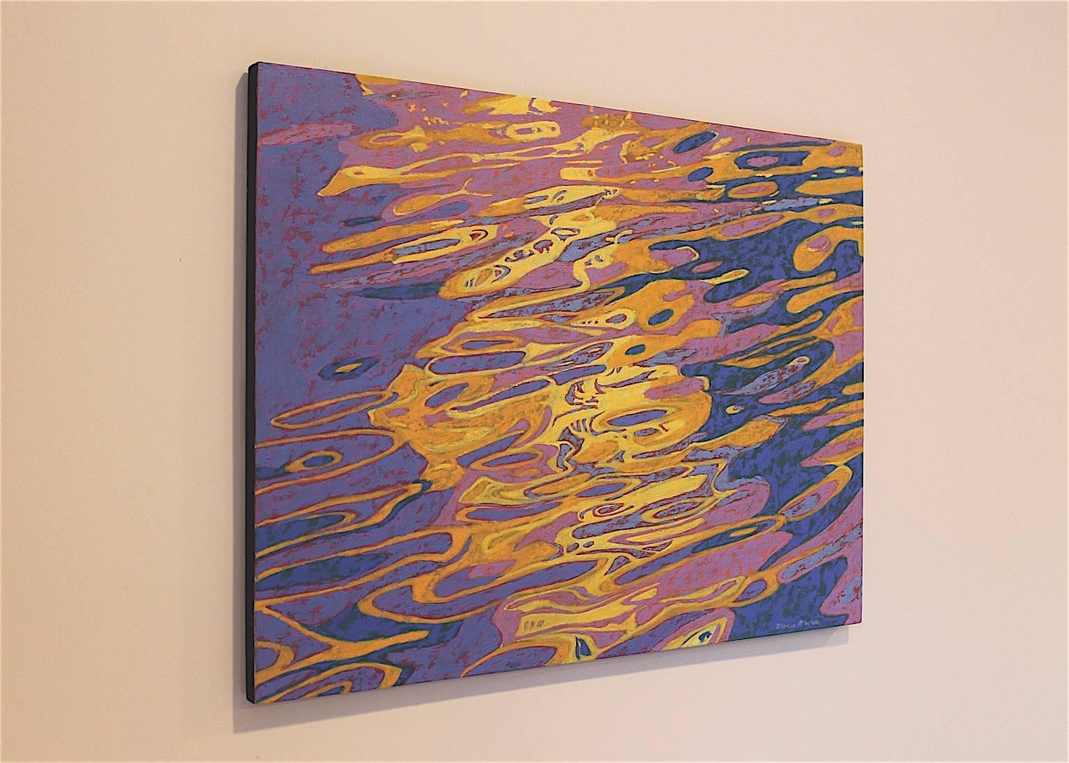 « Abstract Reflections », eau, bleu, jaune, orange, rose, peinture à l'huile - Painting de Marcia Wise