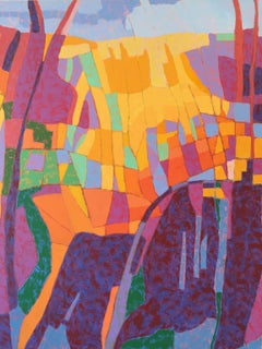 « Canyon Song », peinture à l'huile, paysage, abstrait, jaunes, violets, bleus