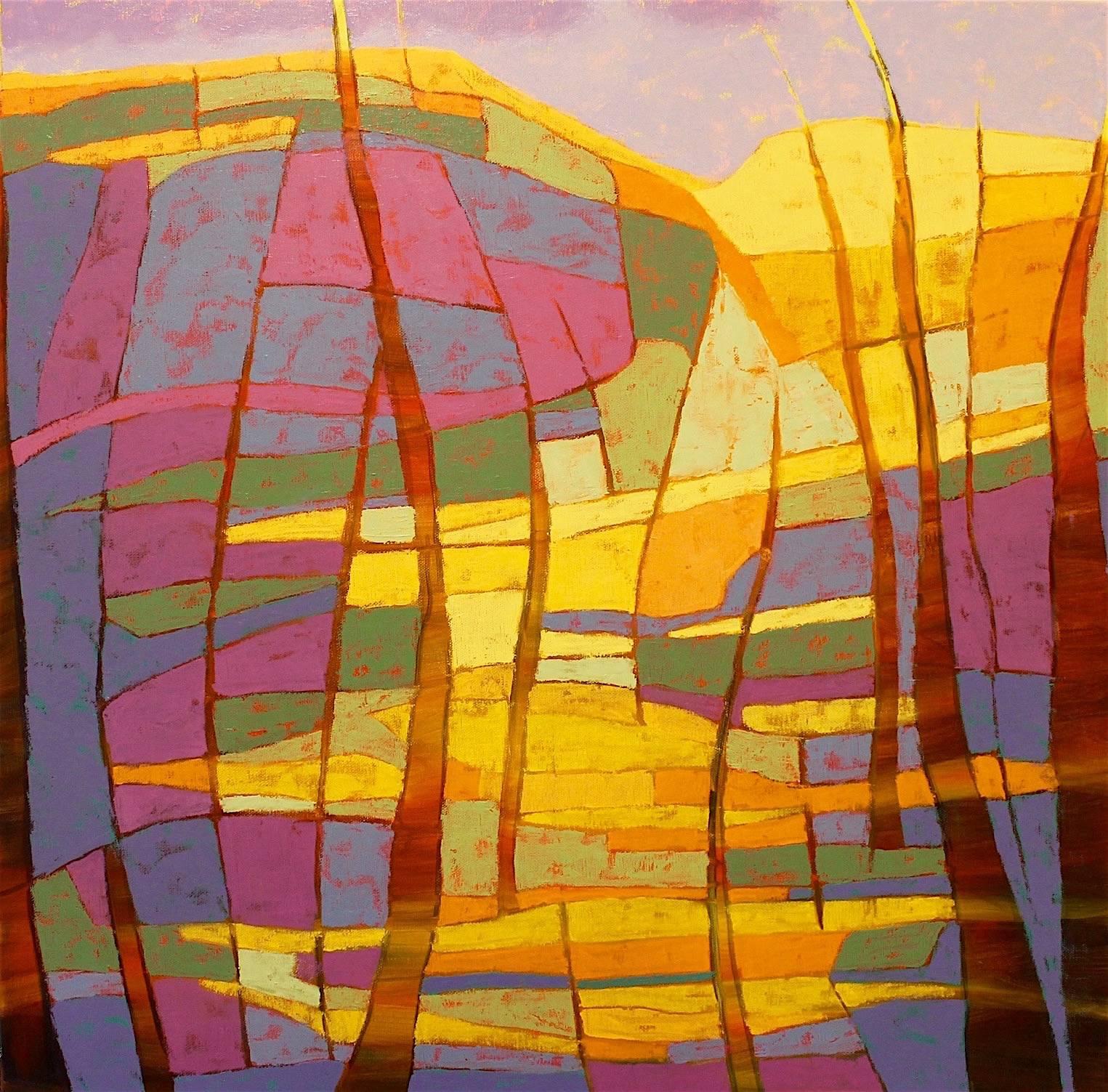 Marcia Wise Abstract Painting - "Cascade", abstract, landscape, geometric, yellows, magentas, blue, oil painting