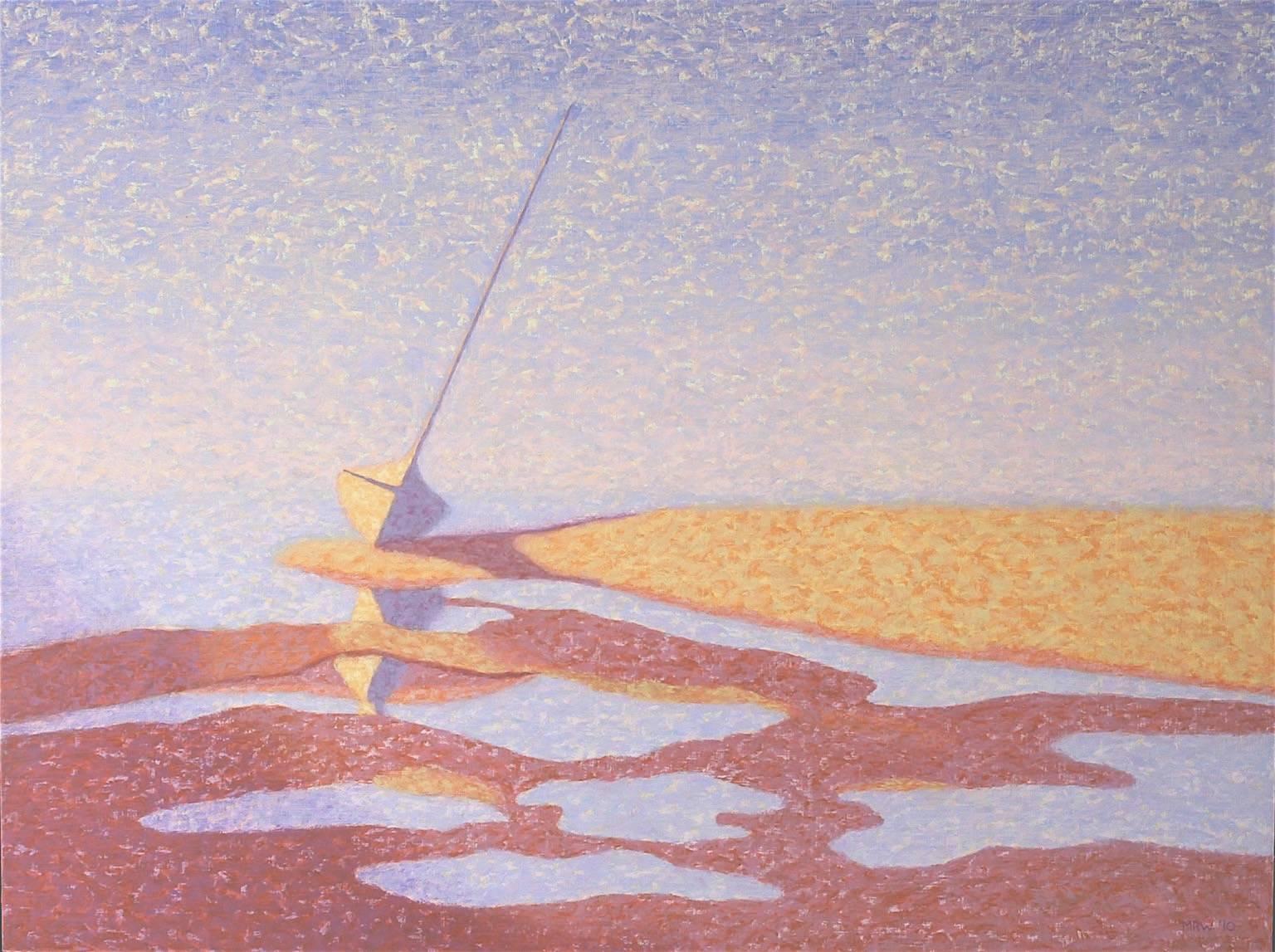 "Pamet Harbor (Wellfleet)", oil painting, boat, reflections, water, blues