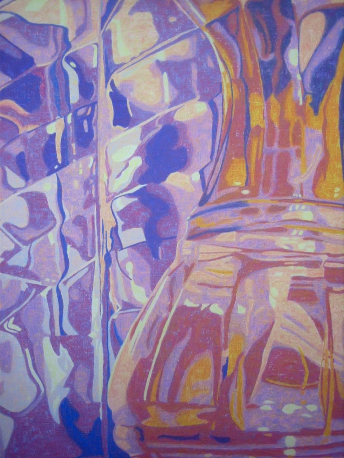 "Relationships - Two Vases", reflections, blues, oranges, oil painting