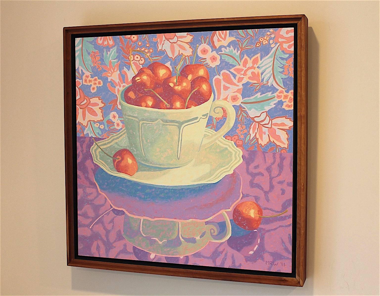 Green Cup With Cherries - Purple Still-Life Painting by Marcia Wise