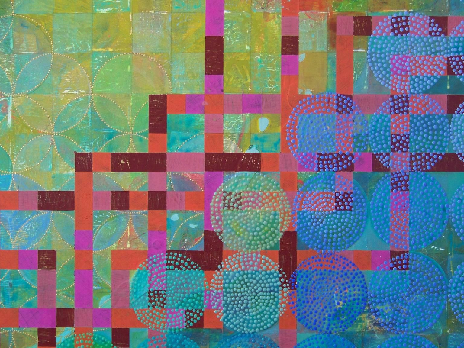 „Circles 33“, abstraktes, grünes, magentafarbenes, rosafarbenes, Koralle, Acrylgemälde – Painting von Denise Driscoll
