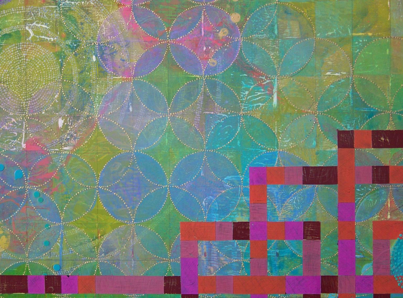 „Circles 33“, abstraktes, grünes, magentafarbenes, rosafarbenes, Koralle, Acrylgemälde (Abstrakt), Painting, von Denise Driscoll