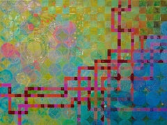 "Circles 33", peinture abstraite, vert, magenta, rose, corail, acrylique